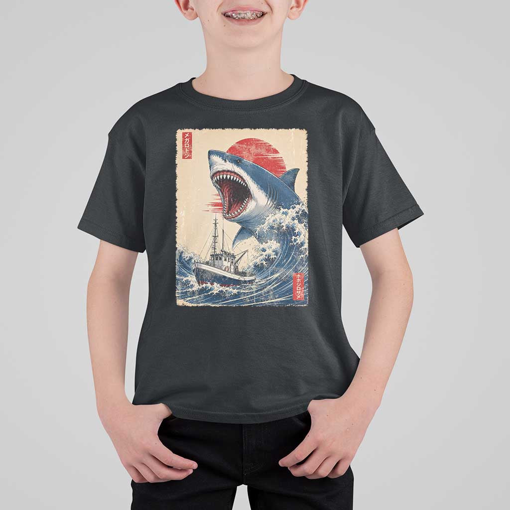Megalodon Shark Japanese Vintage Graphic Ukiyo e Art T Shirt For Kid