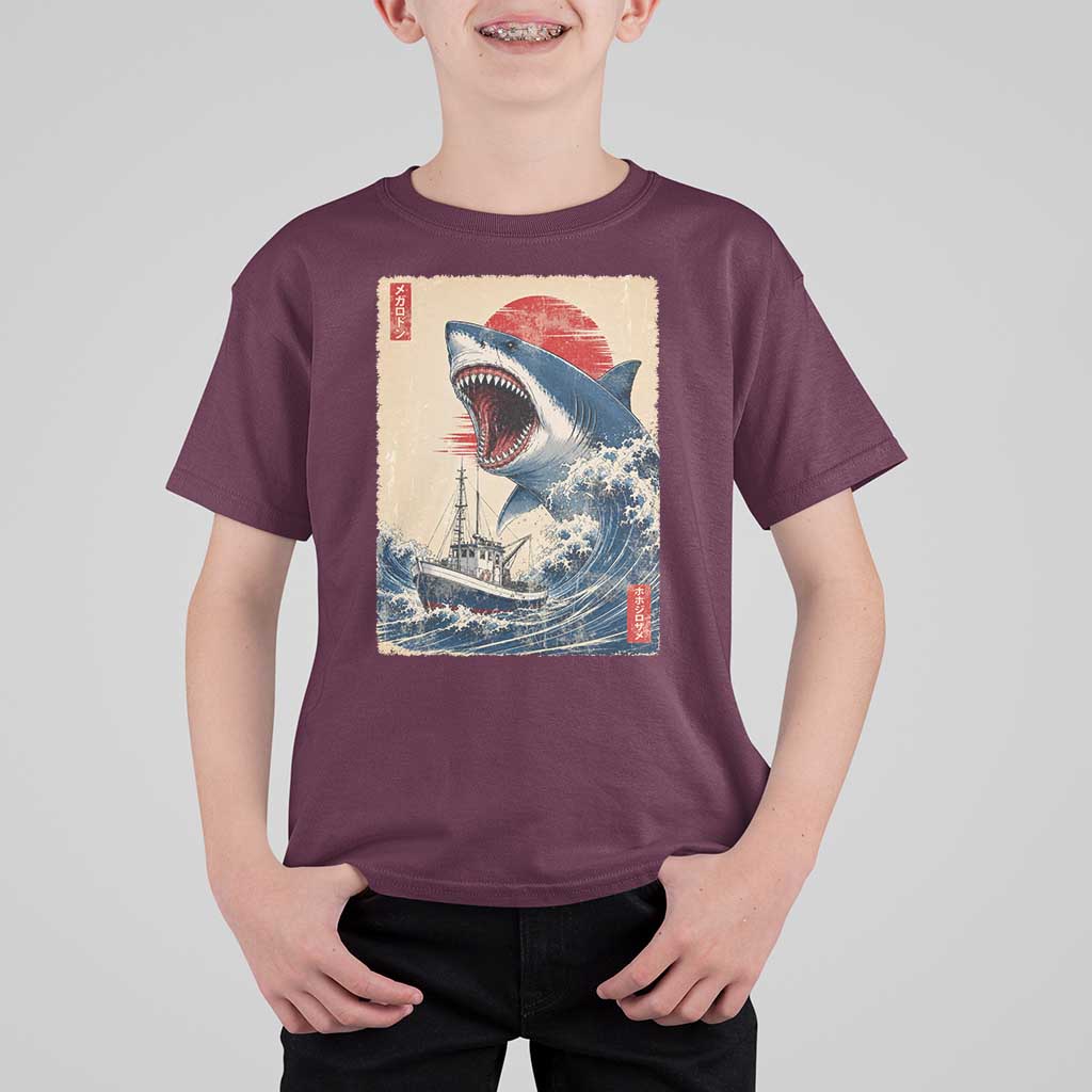 Megalodon Shark Japanese Vintage Graphic Ukiyo e Art T Shirt For Kid