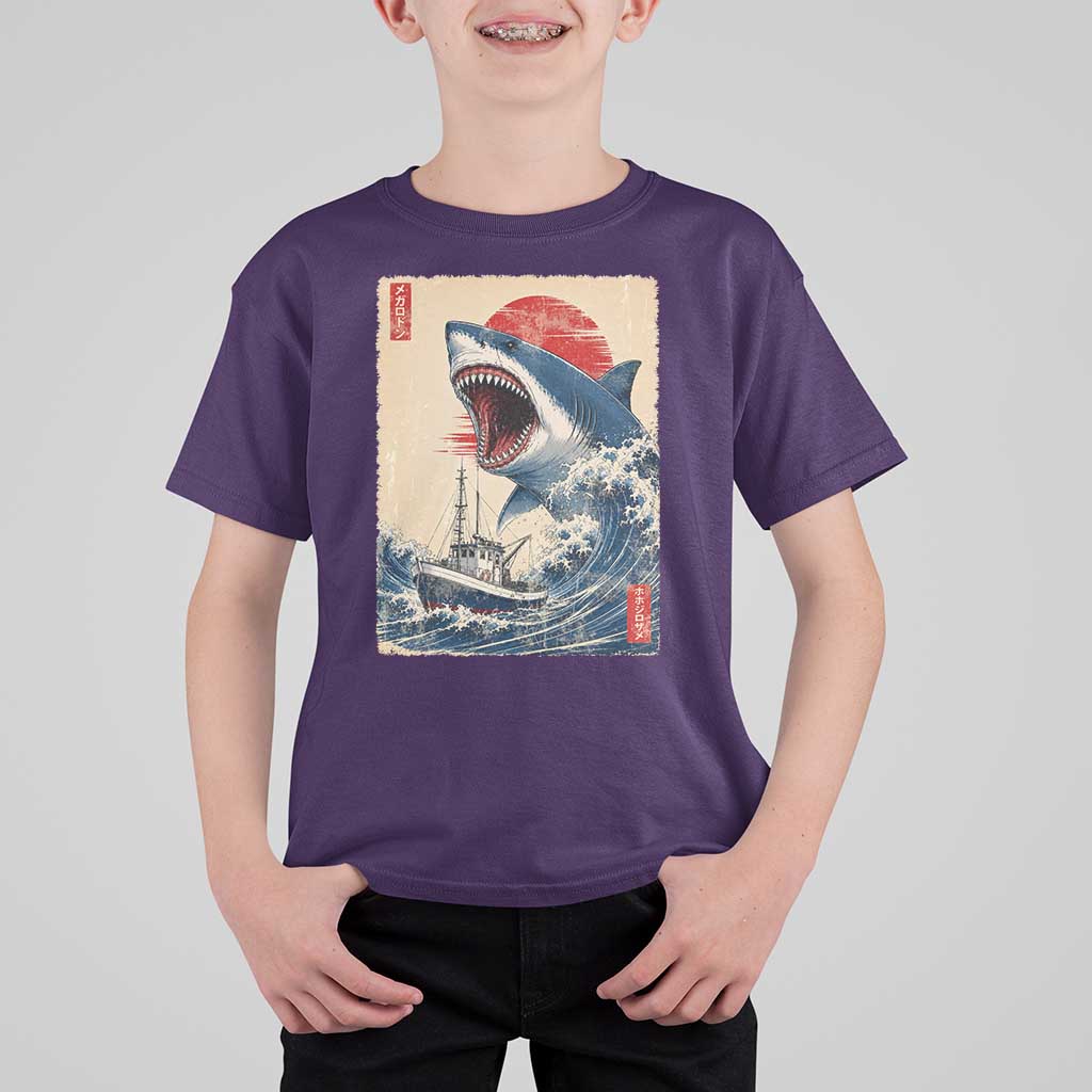 Megalodon Shark Japanese Vintage Graphic Ukiyo e Art T Shirt For Kid