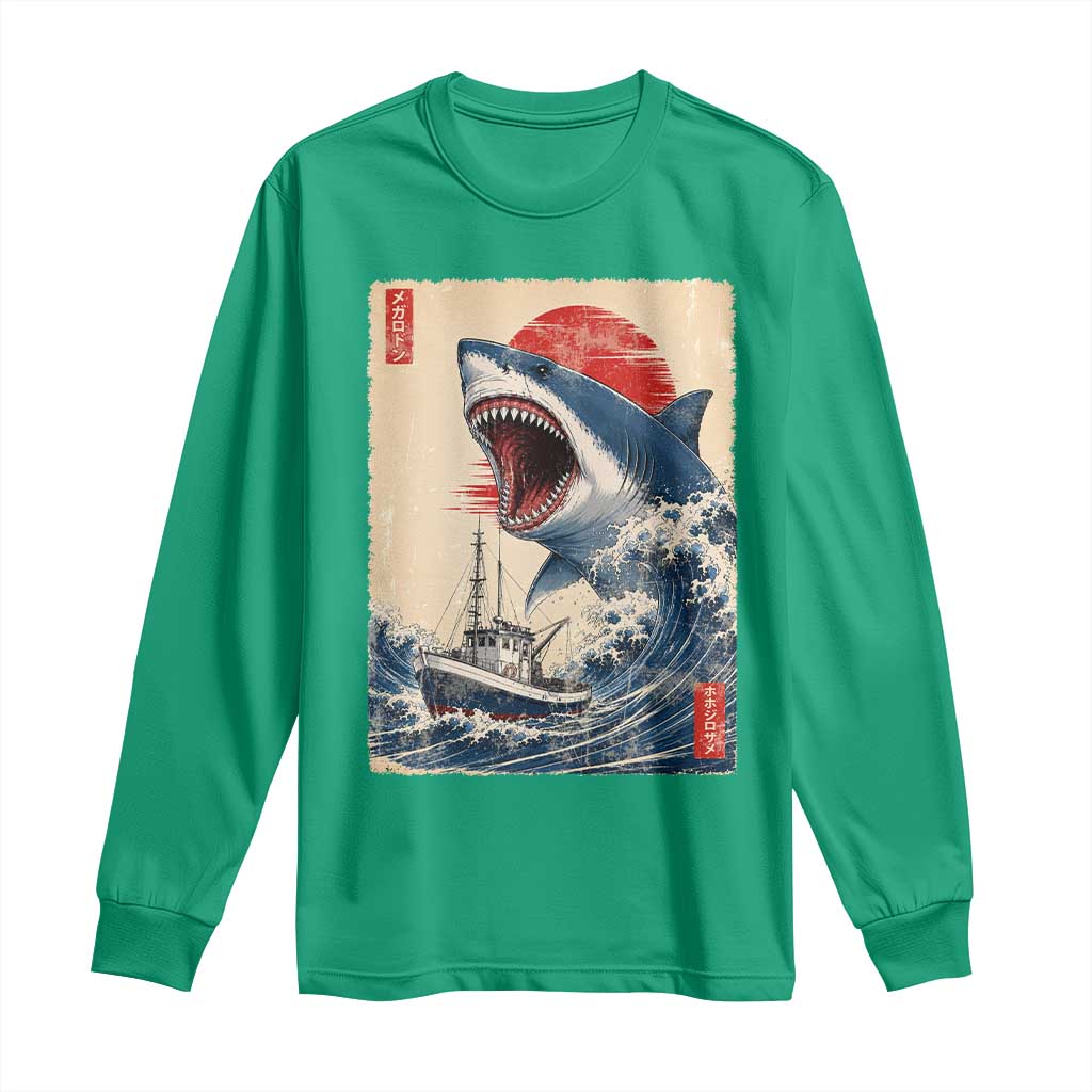 Megalodon Shark Japanese Vintage Graphic Ukiyo e Art Long Sleeve Shirt