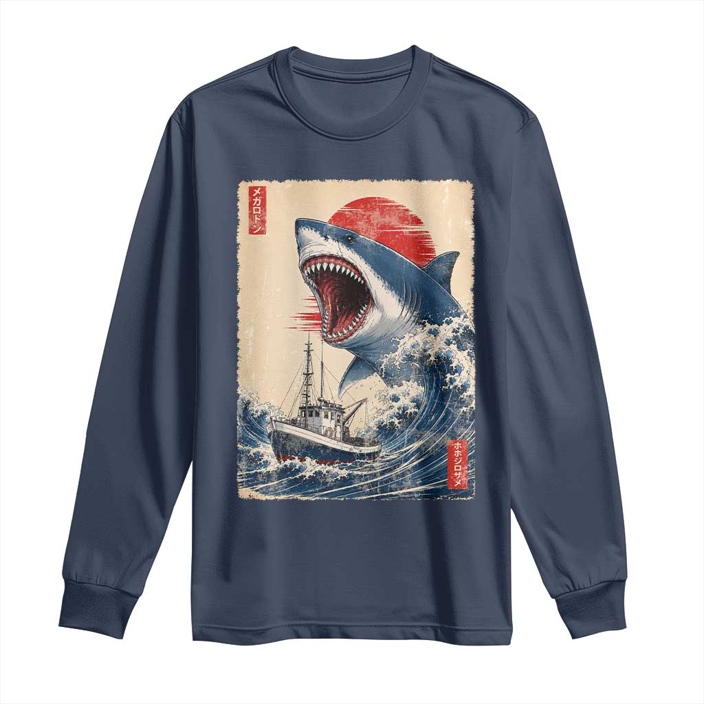 Megalodon Shark Japanese Vintage Graphic Ukiyo e Art Long Sleeve Shirt