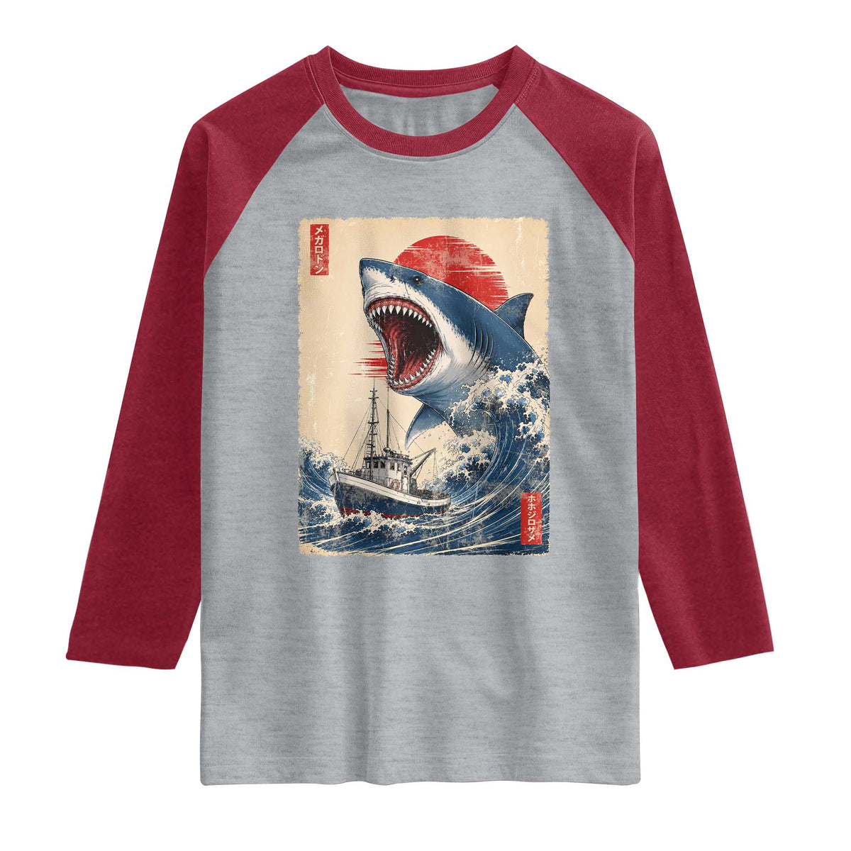 Megalodon Shark Japanese Vintage Graphic Ukiyo e Art Raglan Shirt