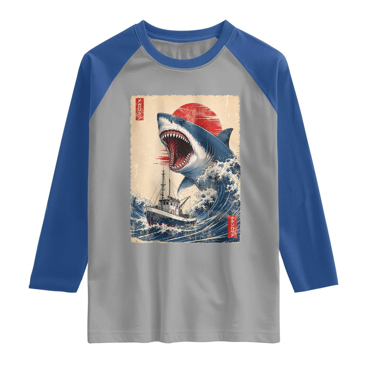 Megalodon Shark Japanese Vintage Graphic Ukiyo e Art Raglan Shirt