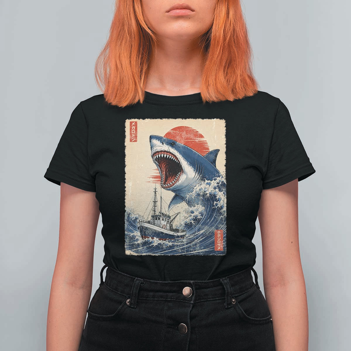 Megalodon Shark Japanese Vintage Graphic Ukiyo e Art T Shirt For Women