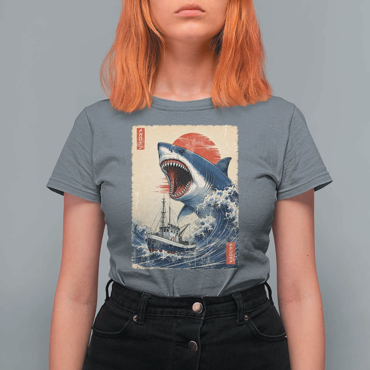 Megalodon Shark Japanese Vintage Graphic Ukiyo e Art T Shirt For Women