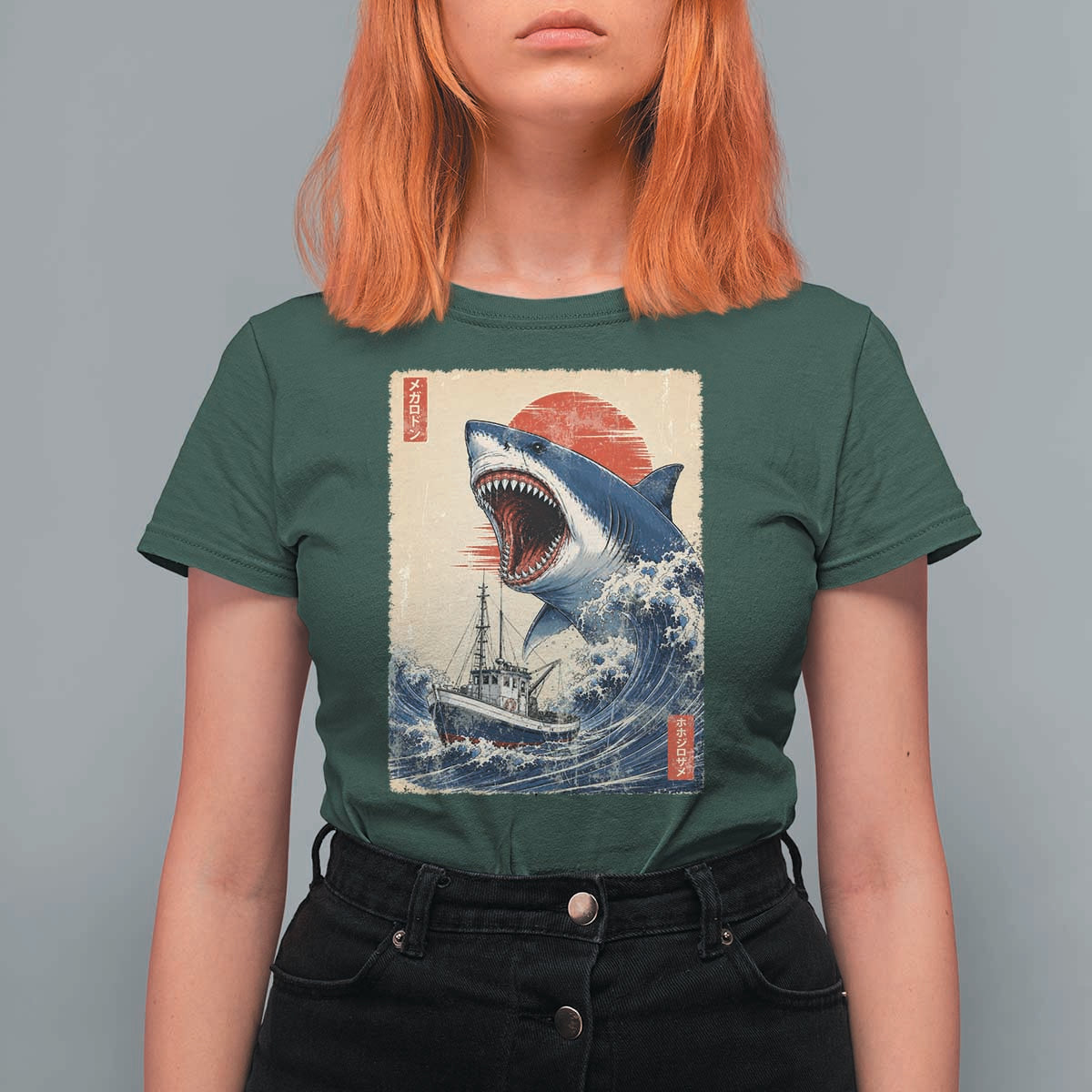 Megalodon Shark Japanese Vintage Graphic Ukiyo e Art T Shirt For Women
