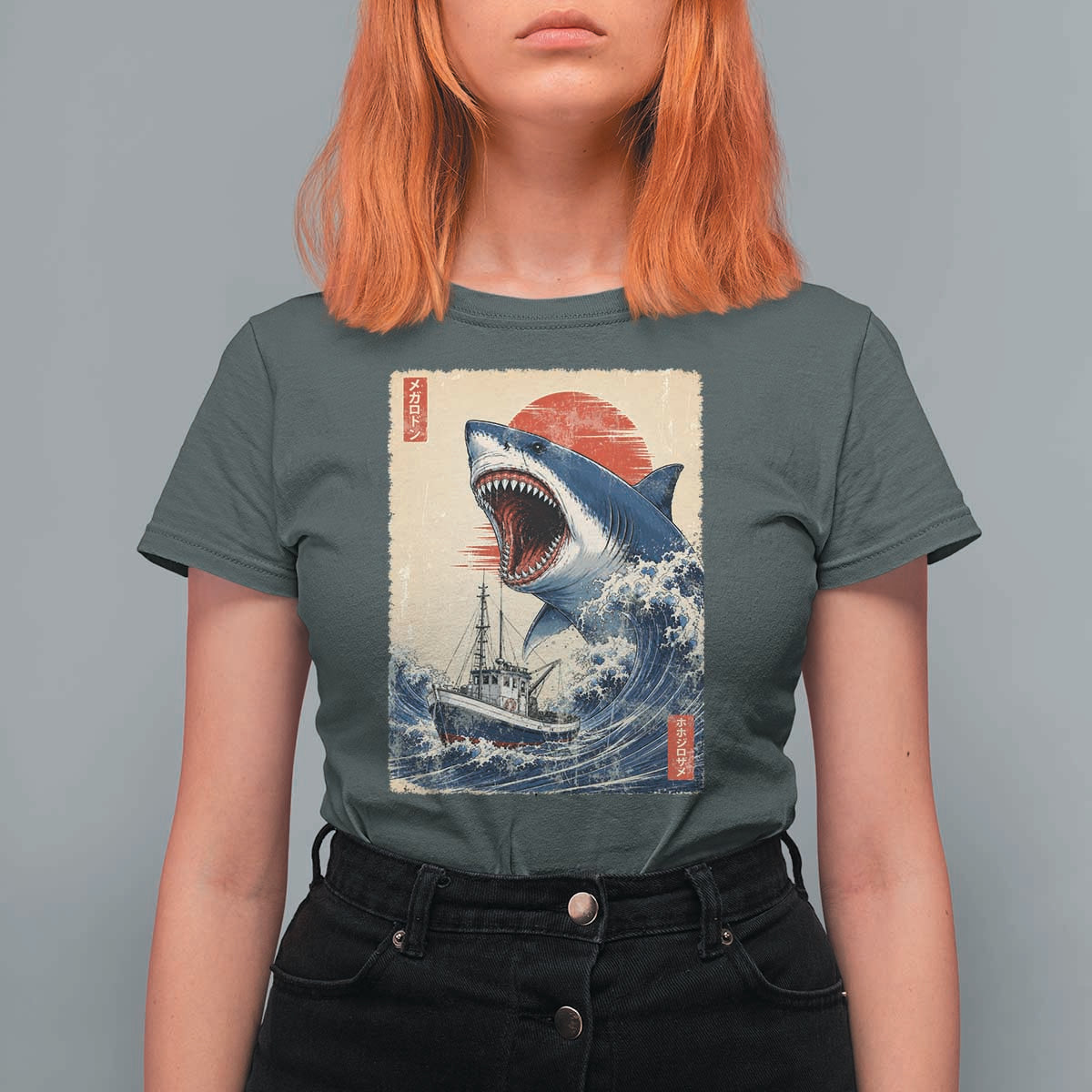 Megalodon Shark Japanese Vintage Graphic Ukiyo e Art T Shirt For Women