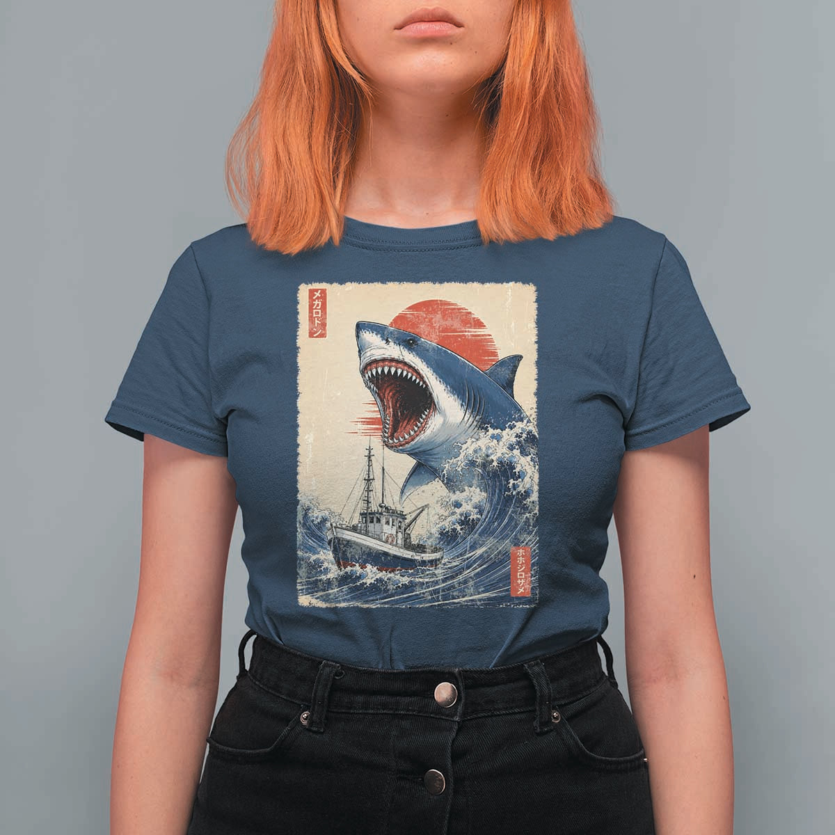 Megalodon Shark Japanese Vintage Graphic Ukiyo e Art T Shirt For Women