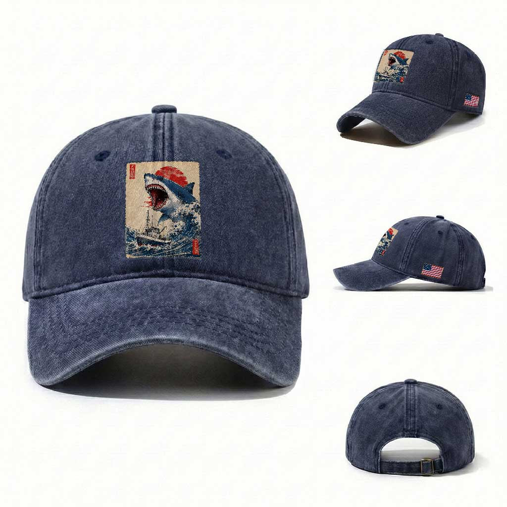 Megalodon Shark Japanese Vintage Graphic Ukiyo e Art Washed Cotton Baseball Cap