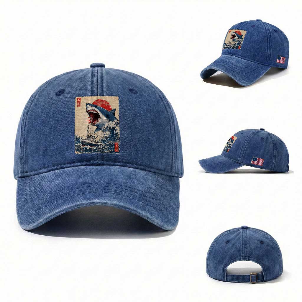 Megalodon Shark Japanese Vintage Graphic Ukiyo e Art Washed Cotton Baseball Cap