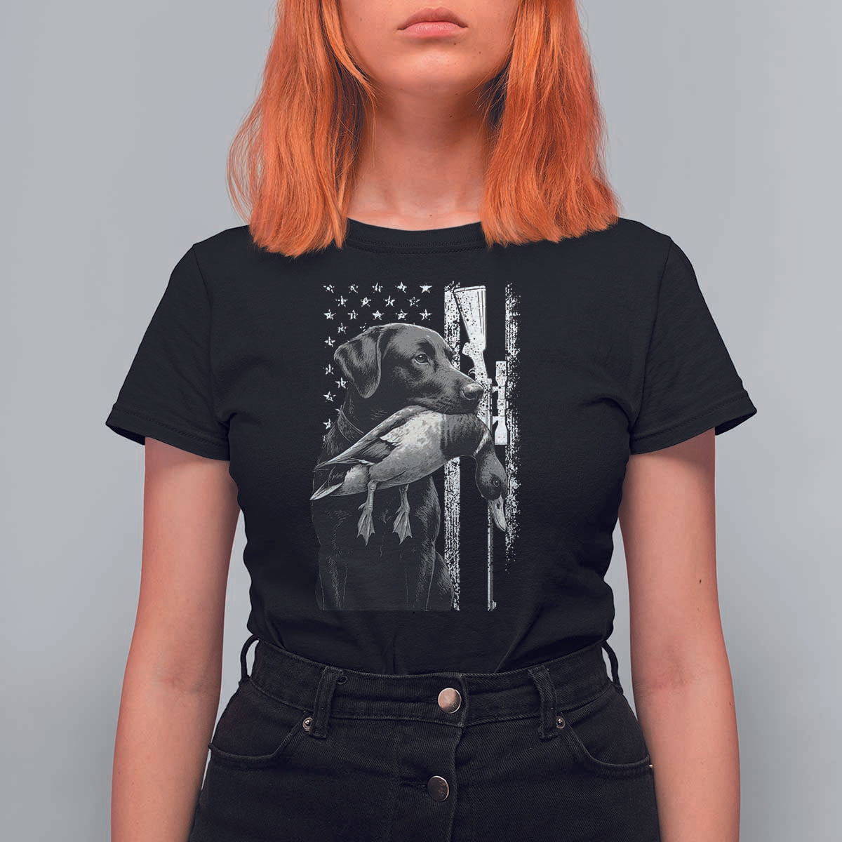 Duck Hunting Dog Back Lab Vintage American Flag T Shirt For Women - Wonder Print Shop