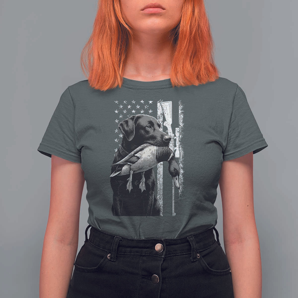 Duck Hunting Dog Back Lab Vintage American Flag T Shirt For Women - Wonder Print Shop