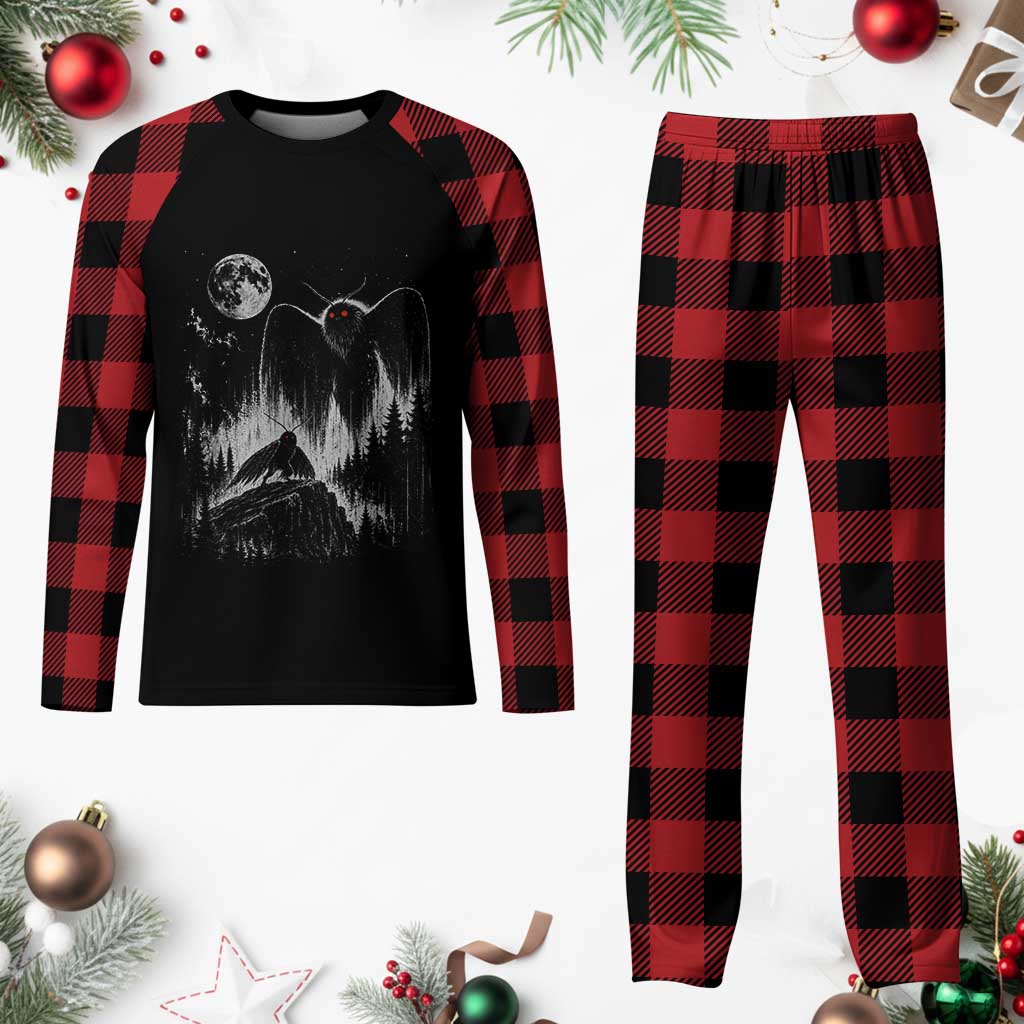 Mothman Howling at Moon 90s Retro Plaid Pajama Set Funny West Virginia Cryptid
