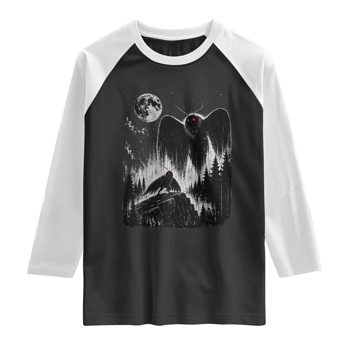 Mothman Howling at Moon 90s Retro Raglan Shirt Funny West Virginia Cryptid