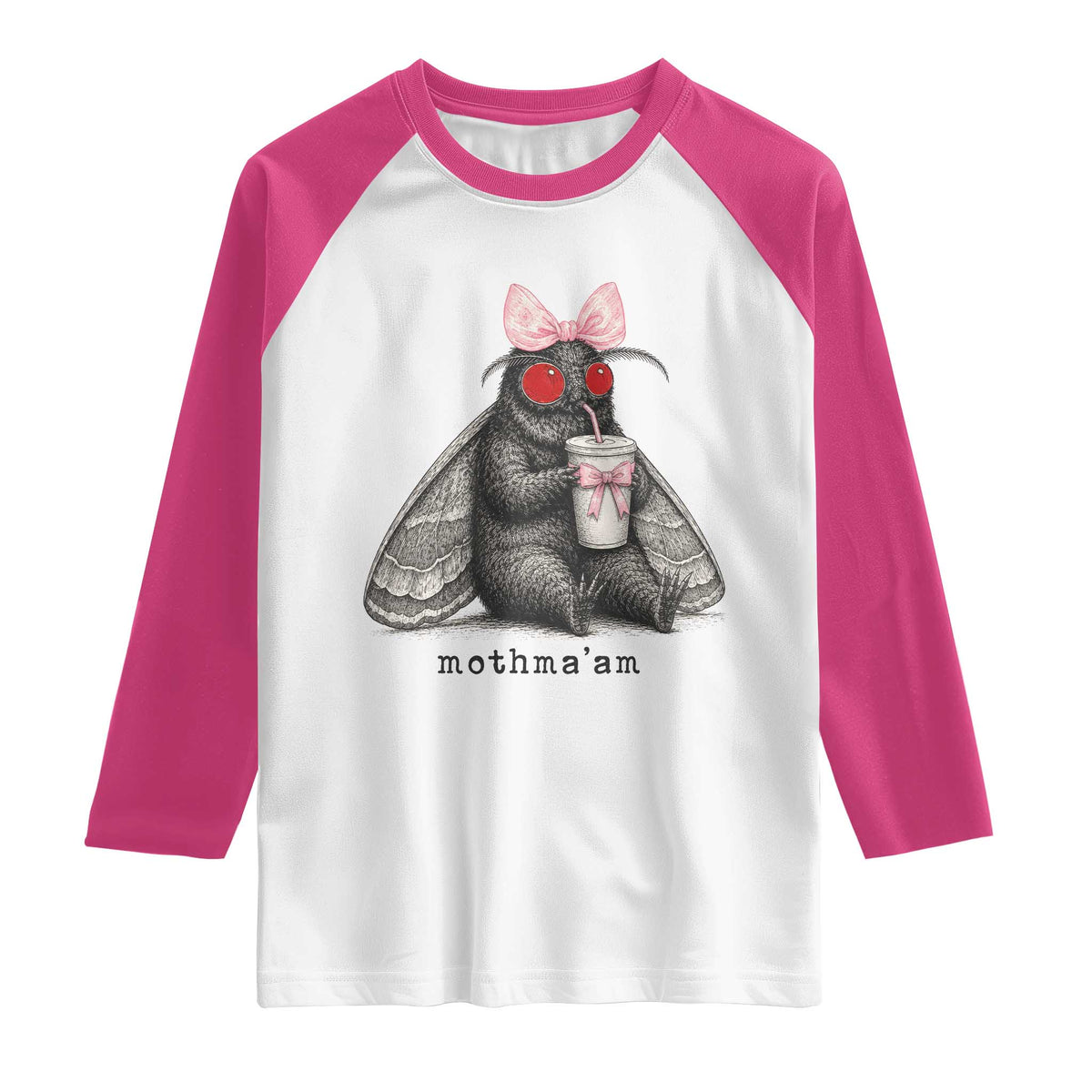 Funny Mothman Mothma'am Cute Pink Bow Coquette Raglan Shirt