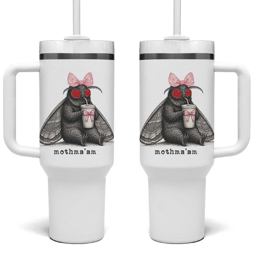 Funny Mothman Mothma'am Cute Pink Bow Coquette Tumbler With Handle