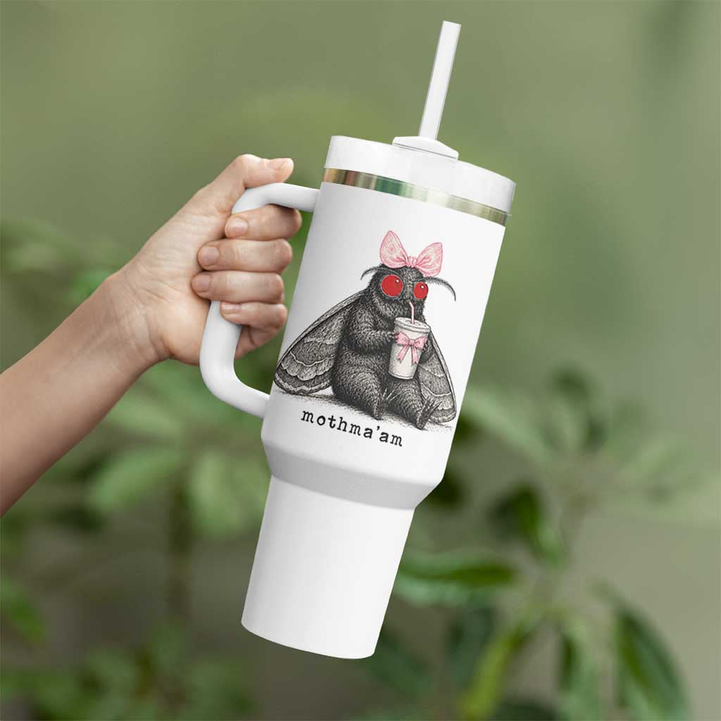 Funny Mothman Mothma'am Cute Pink Bow Coquette Tumbler With Handle