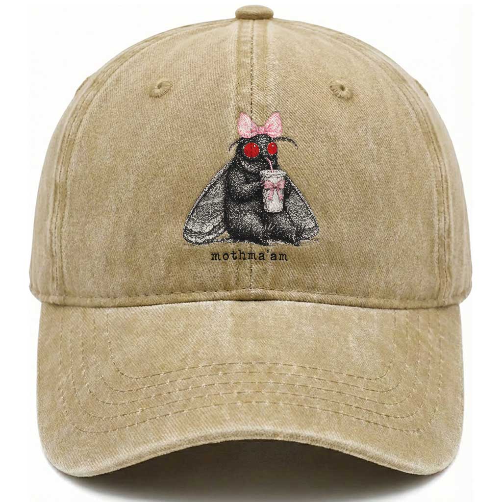 Funny Mothman Mothma'am Cute Pink Bow Coquette Washed Cotton Baseball Cap