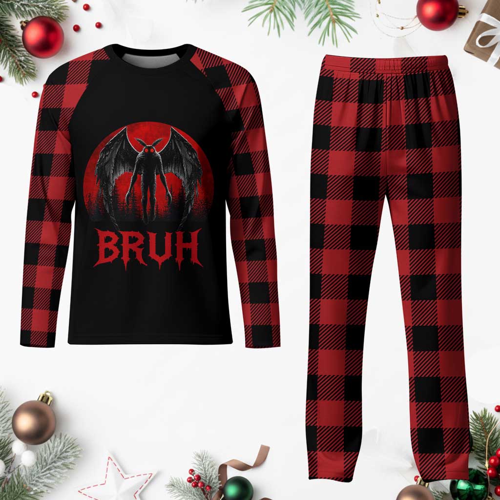 Funny Bruh Mothman Plaid Pajama Set Cryptozoology Cryptid Humor Weirdcore Horror Moon