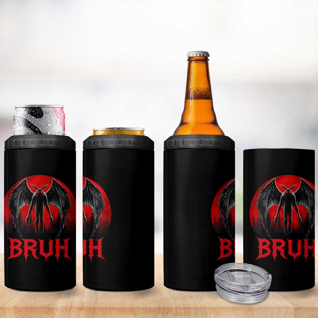 Funny Bruh Mothman 4 in 1 Can Cooler Tumbler Cryptozoology Cryptid Humor Weirdcore Horror Moon
