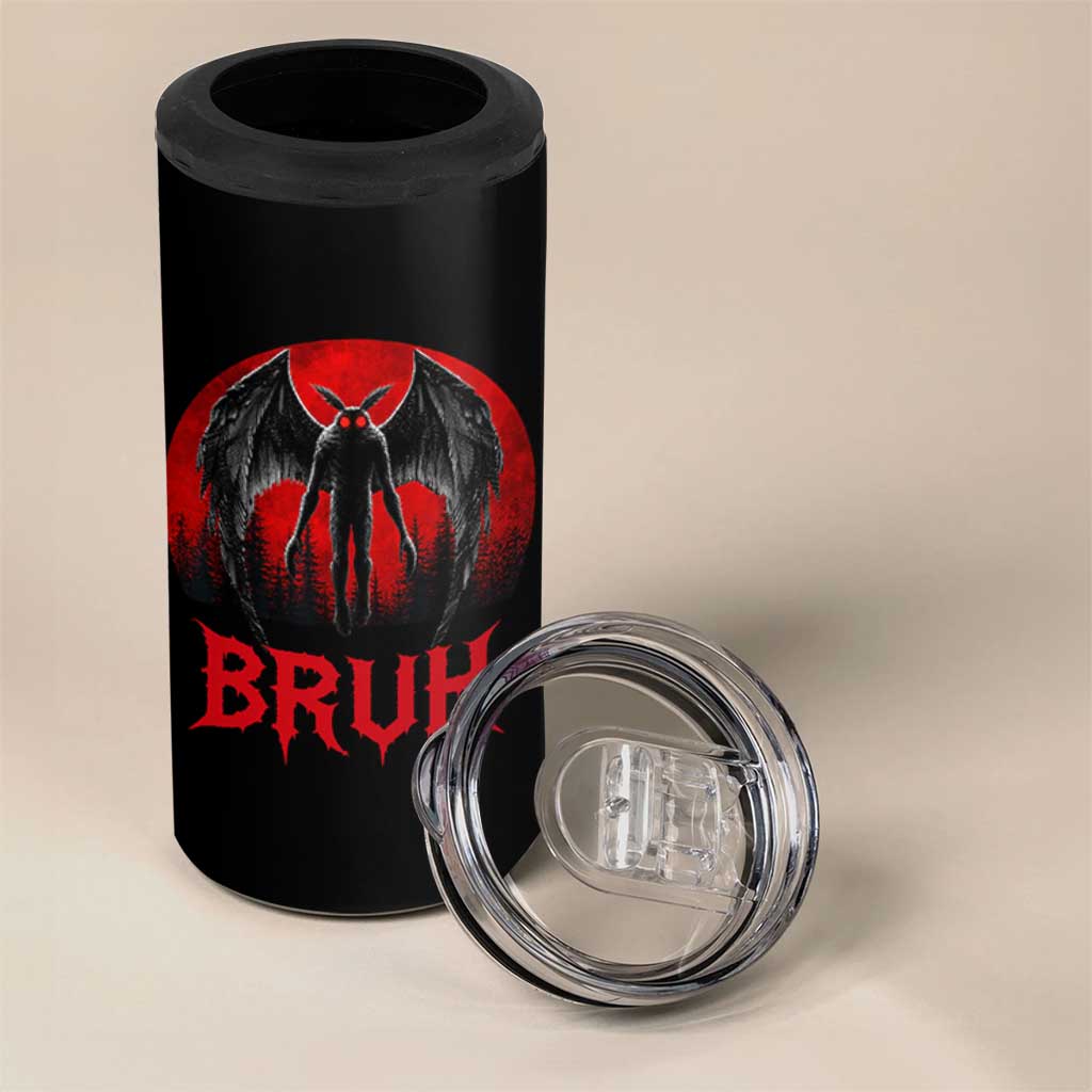 Funny Bruh Mothman 4 in 1 Can Cooler Tumbler Cryptozoology Cryptid Humor Weirdcore Horror Moon