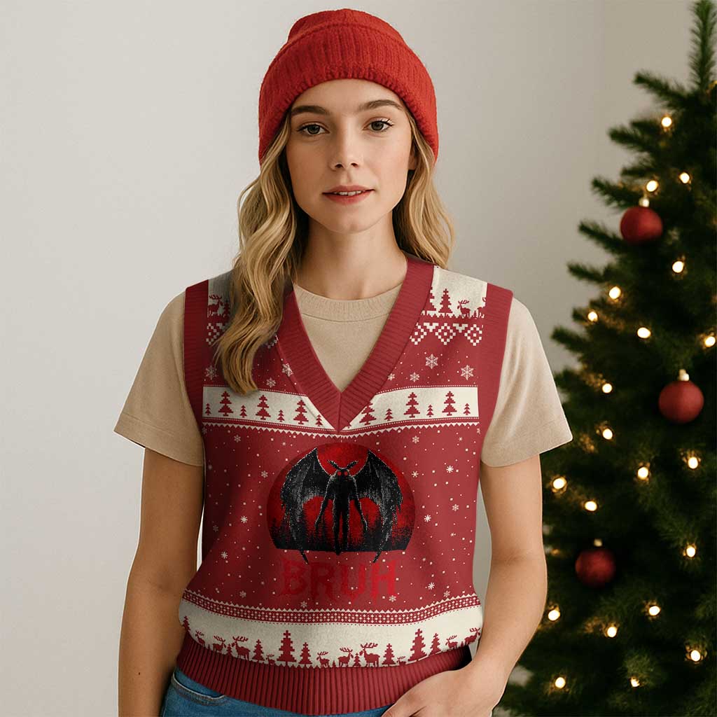 Funny Bruh Mothman V-Neck Knit Sweater Vest Cryptozoology Cryptid Humor Weirdcore Horror Moon