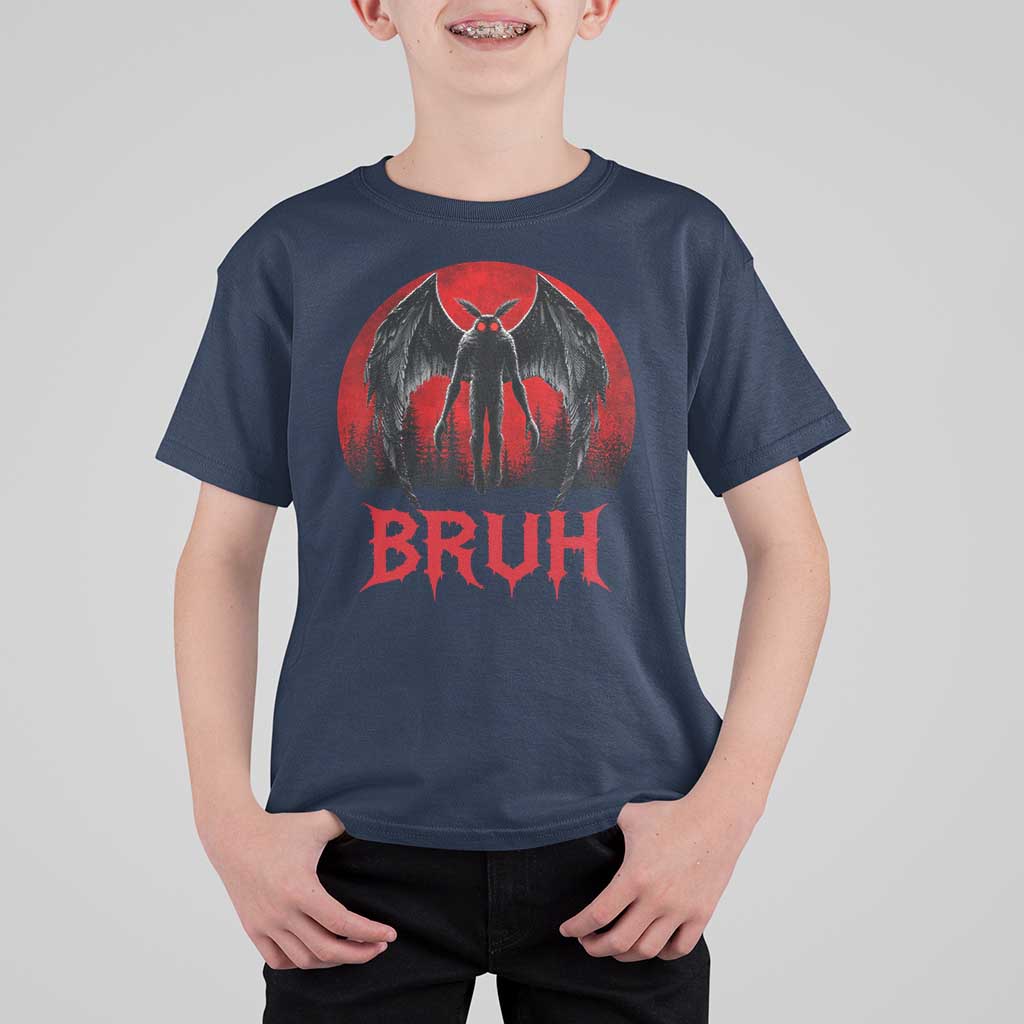 Funny Bruh Mothman T Shirt For Kid Cryptozoology Cryptid Humor Weirdcore Horror Moon