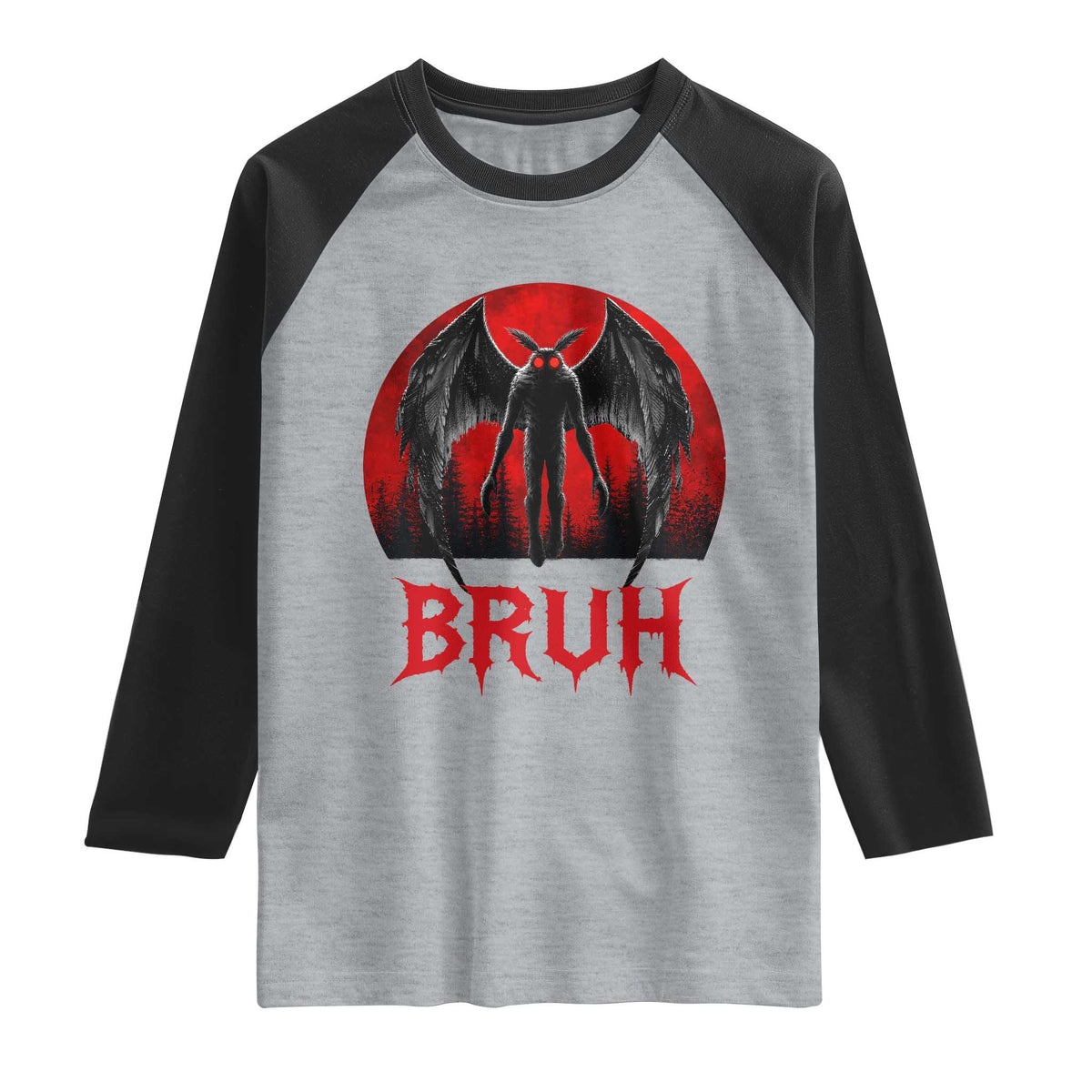 Funny Bruh Mothman Raglan Shirt Cryptozoology Cryptid Humor Weirdcore Horror Moon