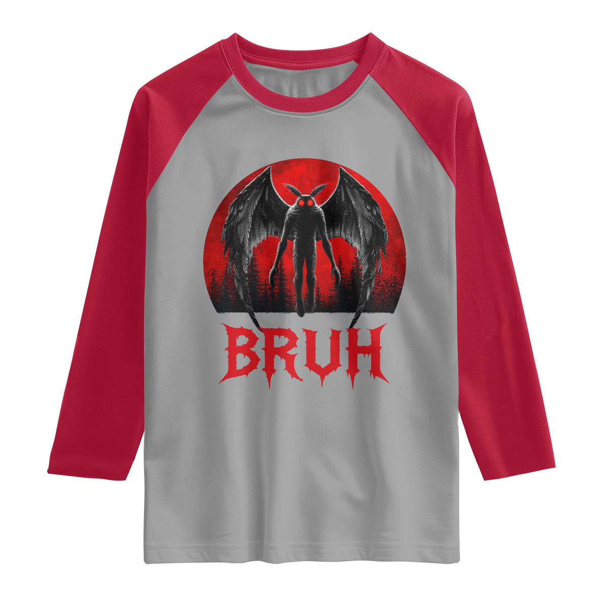 Funny Bruh Mothman Raglan Shirt Cryptozoology Cryptid Humor Weirdcore Horror Moon