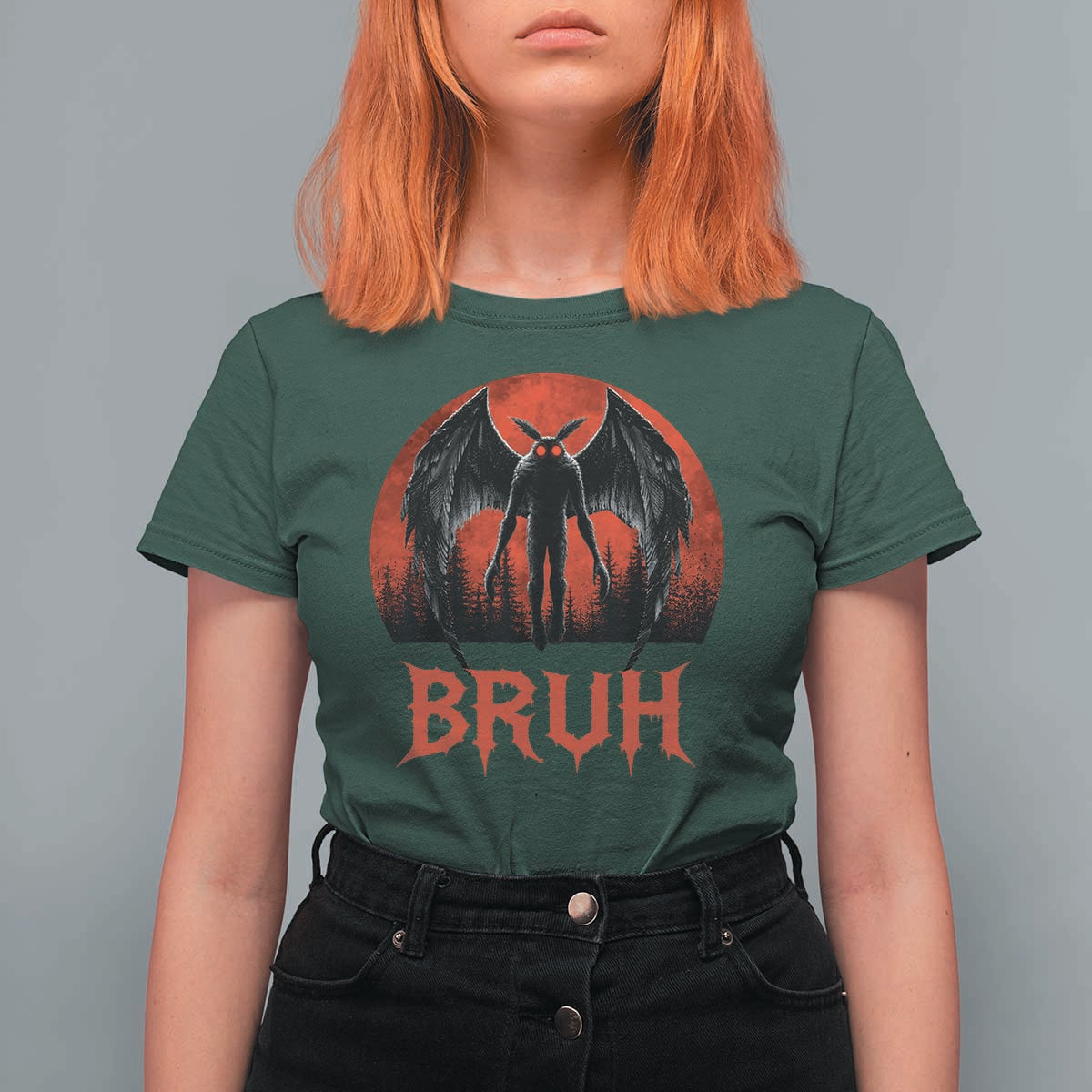 Funny Bruh Mothman T Shirt For Women Cryptozoology Cryptid Humor Weirdcore Horror Moon
