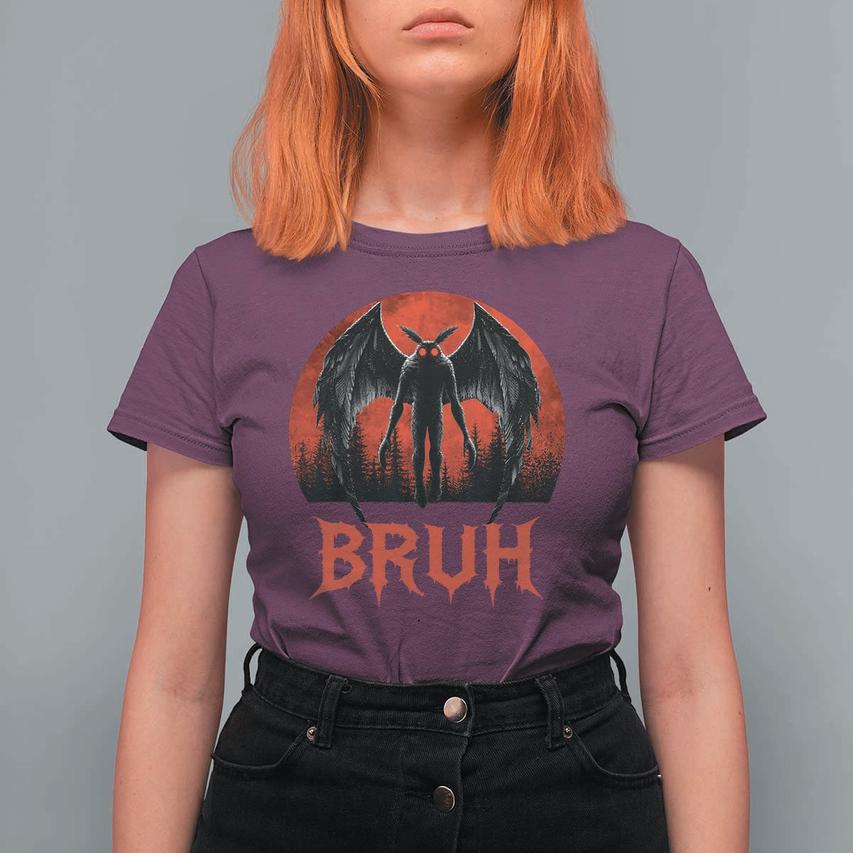 Funny Bruh Mothman T Shirt For Women Cryptozoology Cryptid Humor Weirdcore Horror Moon