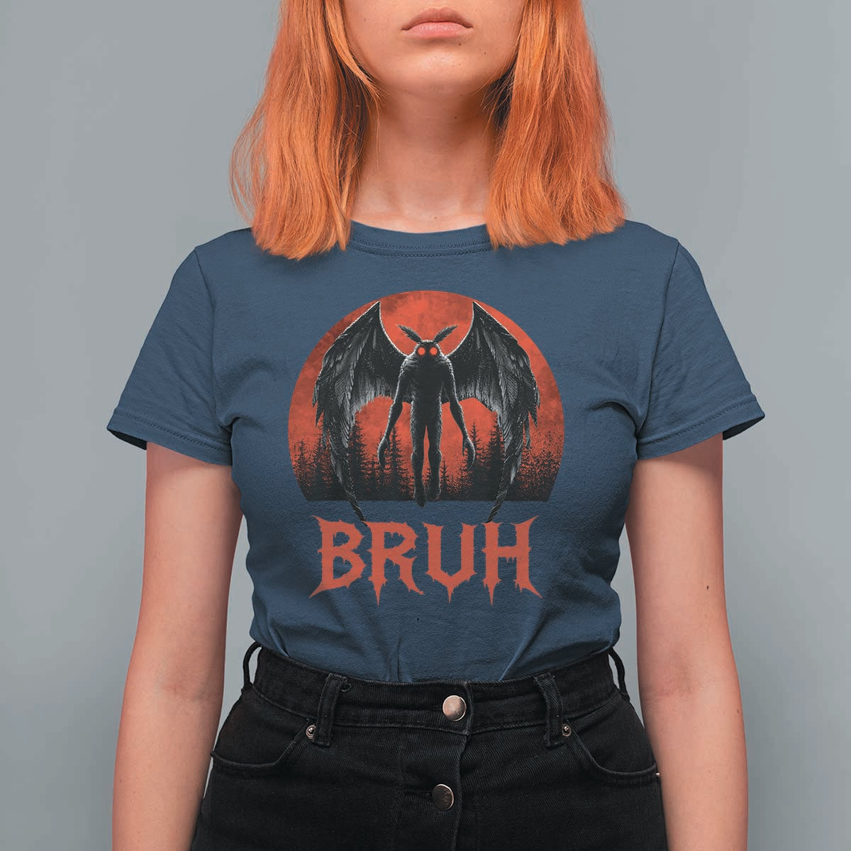 Funny Bruh Mothman T Shirt For Women Cryptozoology Cryptid Humor Weirdcore Horror Moon