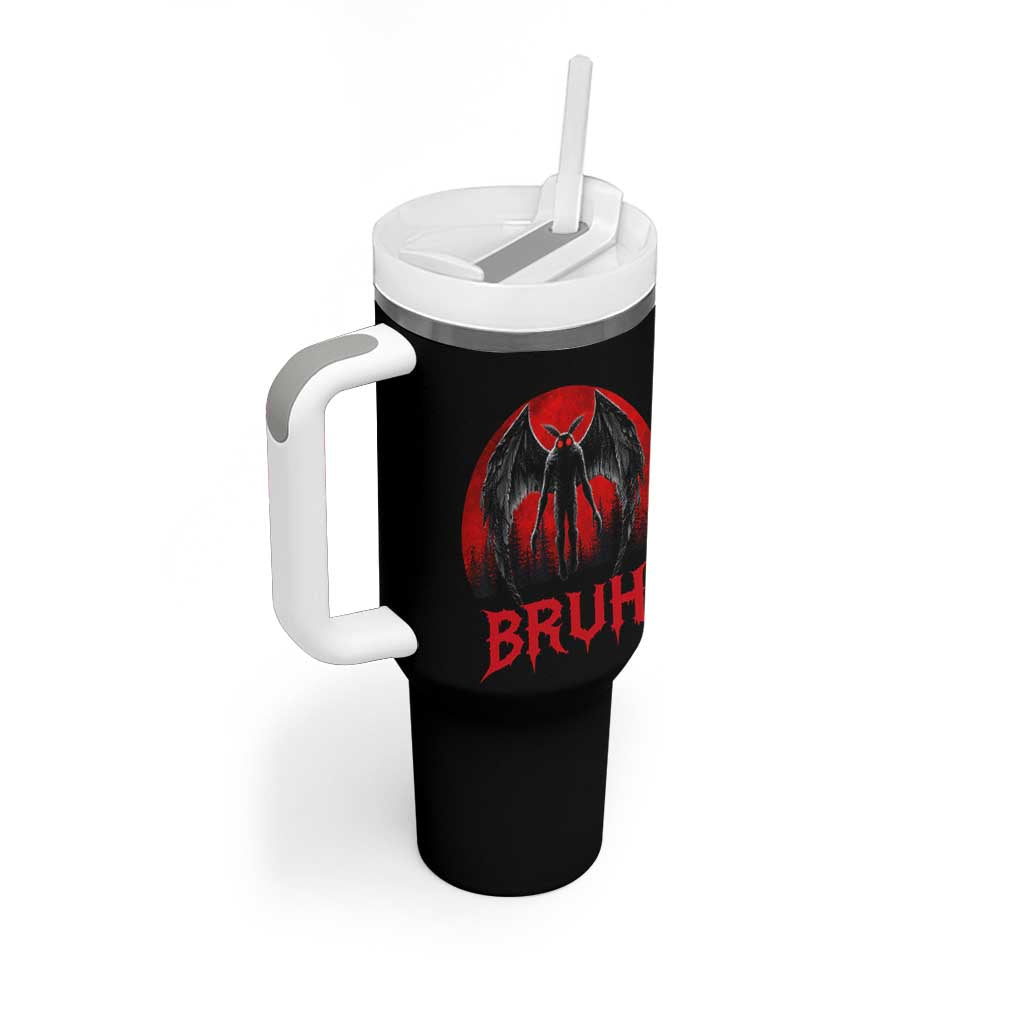 Funny Bruh Mothman Tumbler With Handle Cryptozoology Cryptid Humor Weirdcore Horror Moon