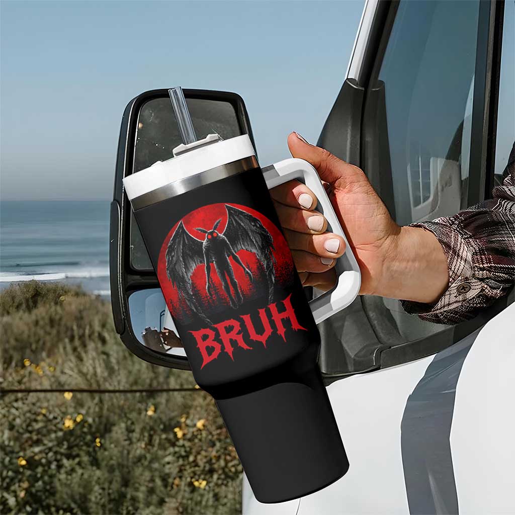 Funny Bruh Mothman Tumbler With Handle Cryptozoology Cryptid Humor Weirdcore Horror Moon