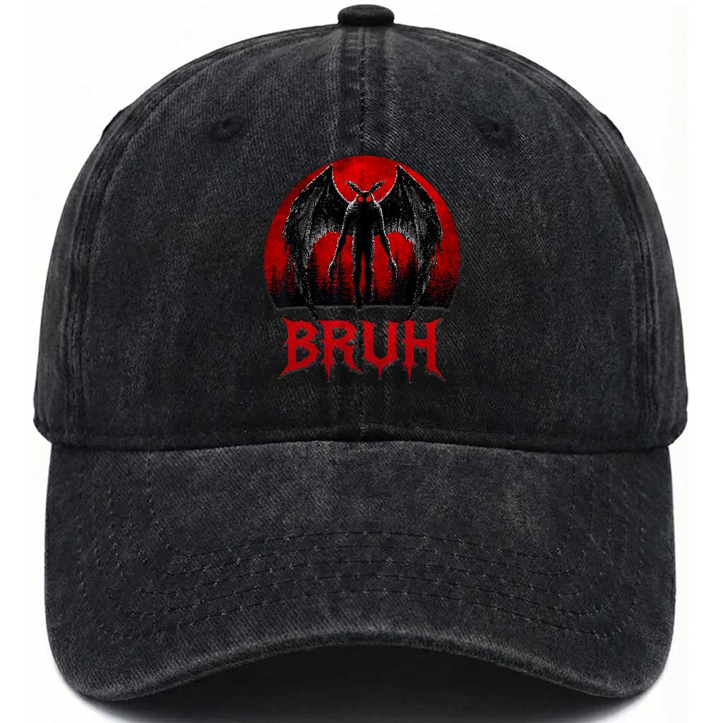 Funny Bruh Mothman Washed Cotton Baseball Cap Cryptozoology Cryptid Humor Weirdcore Horror Moon