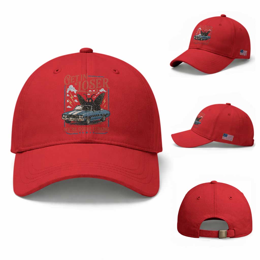 Funny Mothman Baseball Cap Get In Loser We Are Going Lurking Cryptid Lover