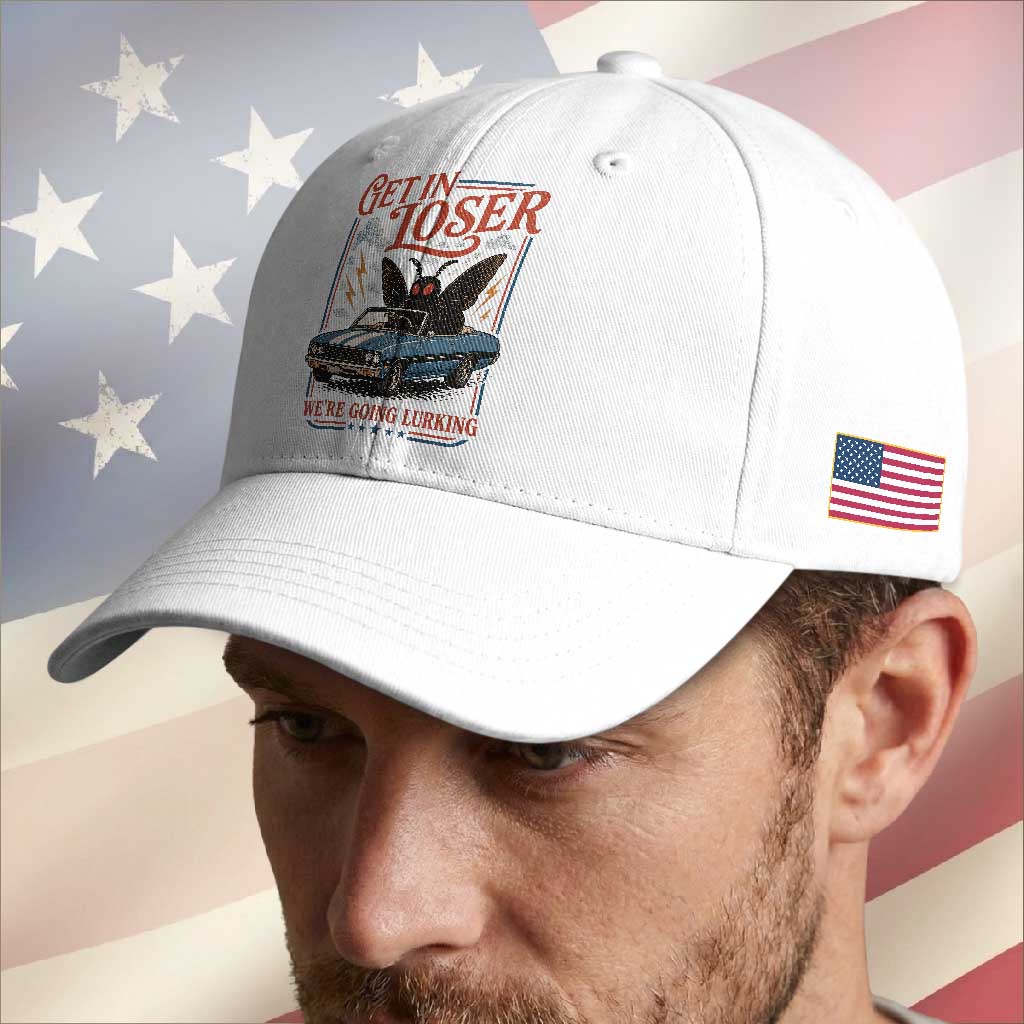 Funny Mothman Baseball Cap Get In Loser We Are Going Lurking Cryptid Lover