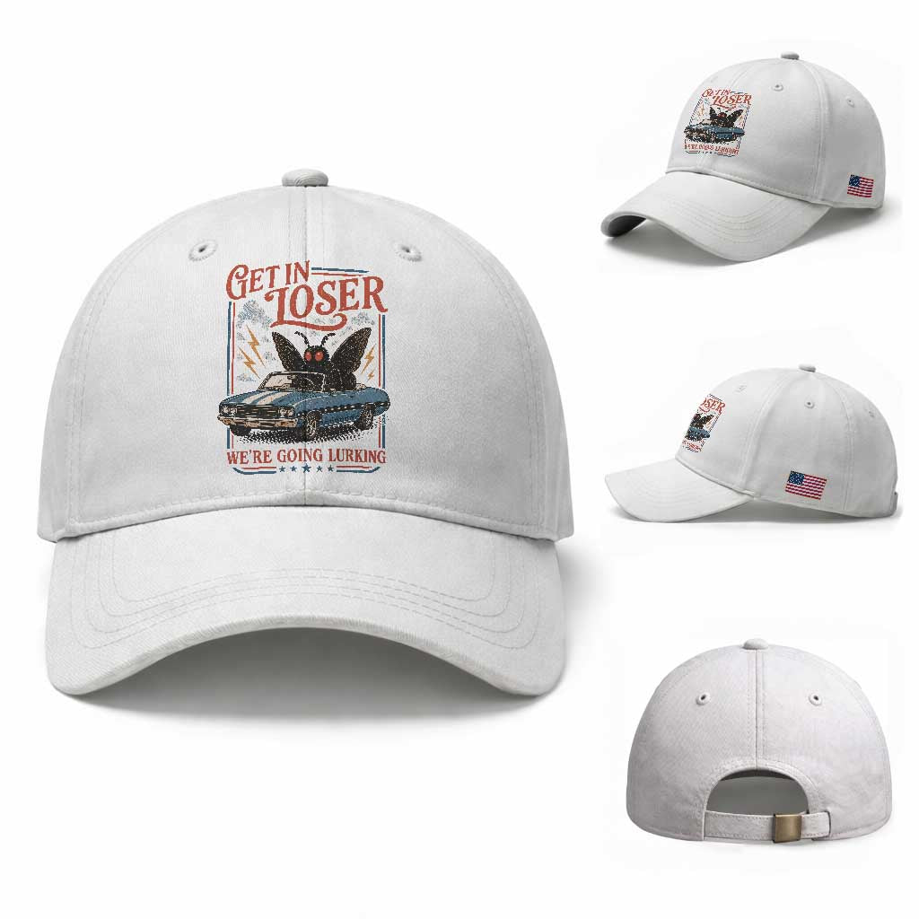 Funny Mothman Baseball Cap Get In Loser We Are Going Lurking Cryptid Lover