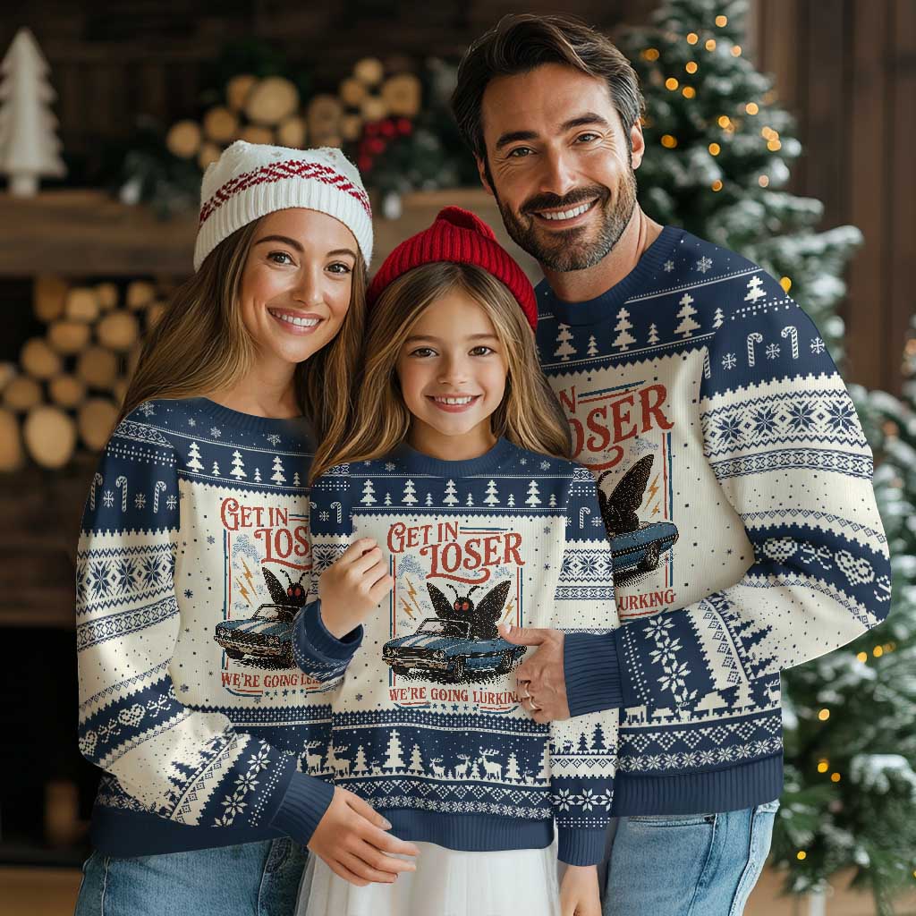 Funny Mothman Ugly Christmas Sweater Get In Loser We Are Going Lurking Cryptid Lover