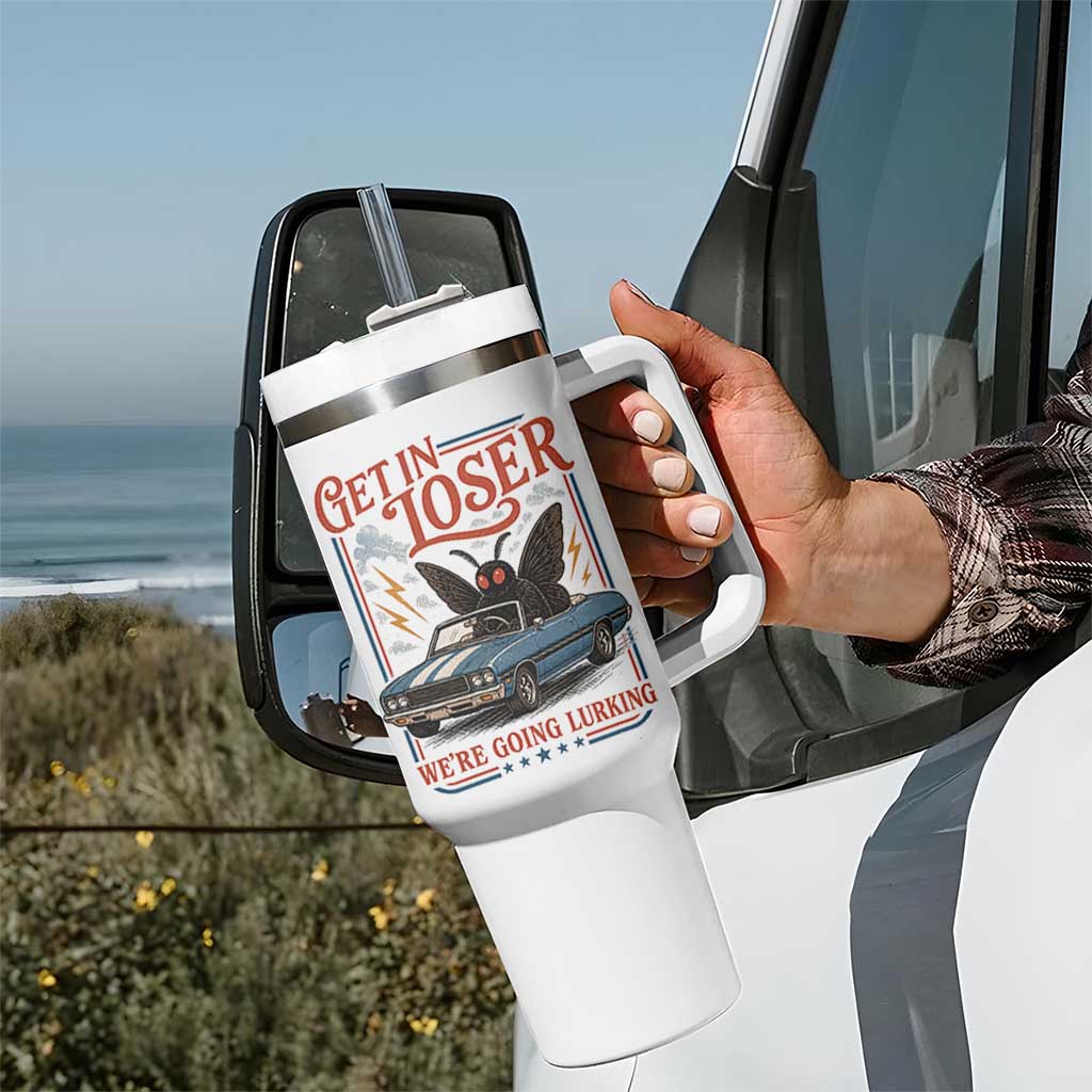 Funny Mothman Tumbler With Handle Get In Loser We Are Going Lurking Cryptid Lover