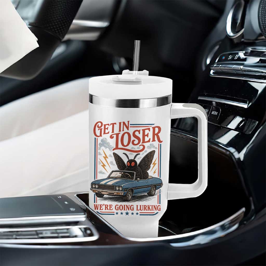 Funny Mothman Tumbler With Handle Get In Loser We Are Going Lurking Cryptid Lover