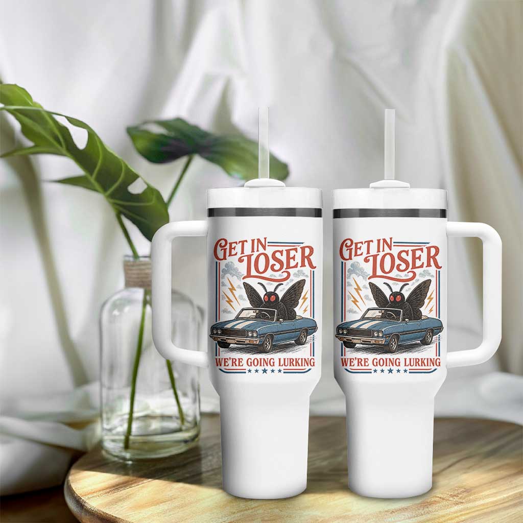 Funny Mothman Tumbler With Handle Get In Loser We Are Going Lurking Cryptid Lover
