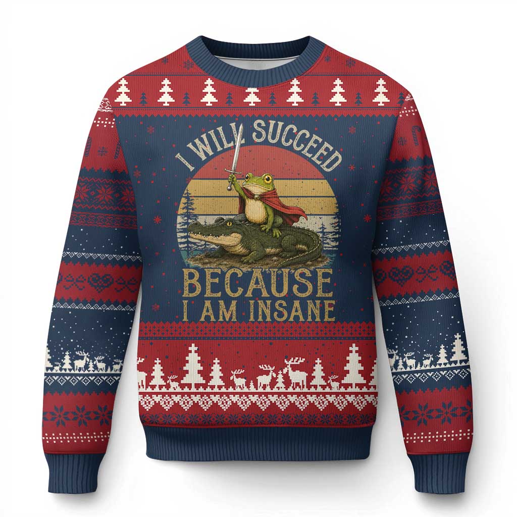 I Will Succeed Because I Am Insane Funny Frog Riding Alligator Ugly Christmas Sweater