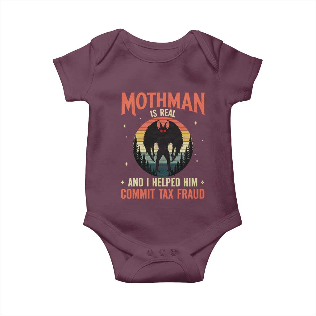 Funny Mothman Is Real And I Helped Him Commit Tax Fraud Baby Onesie Retro Cryptid Cryptozoology