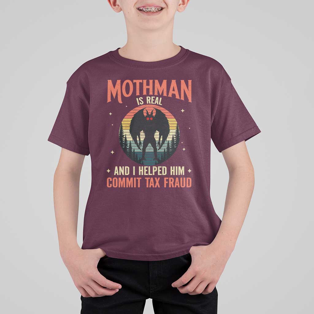 Funny Mothman Is Real And I Helped Him Commit Tax Fraud T Shirt For Kid Retro Cryptid Cryptozoology