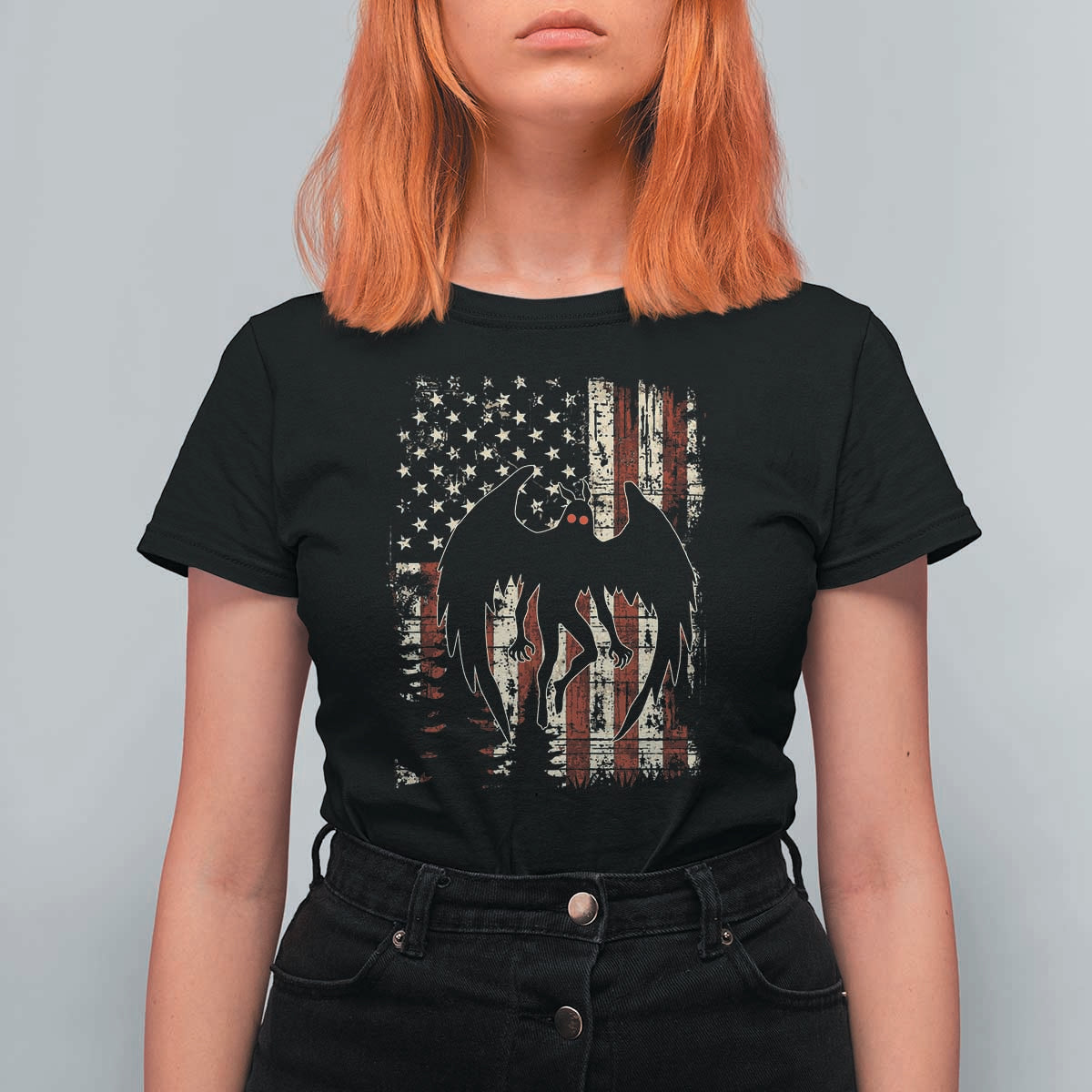 Mothman American Flag Patriotic Cryptid Creature T Shirt For Women