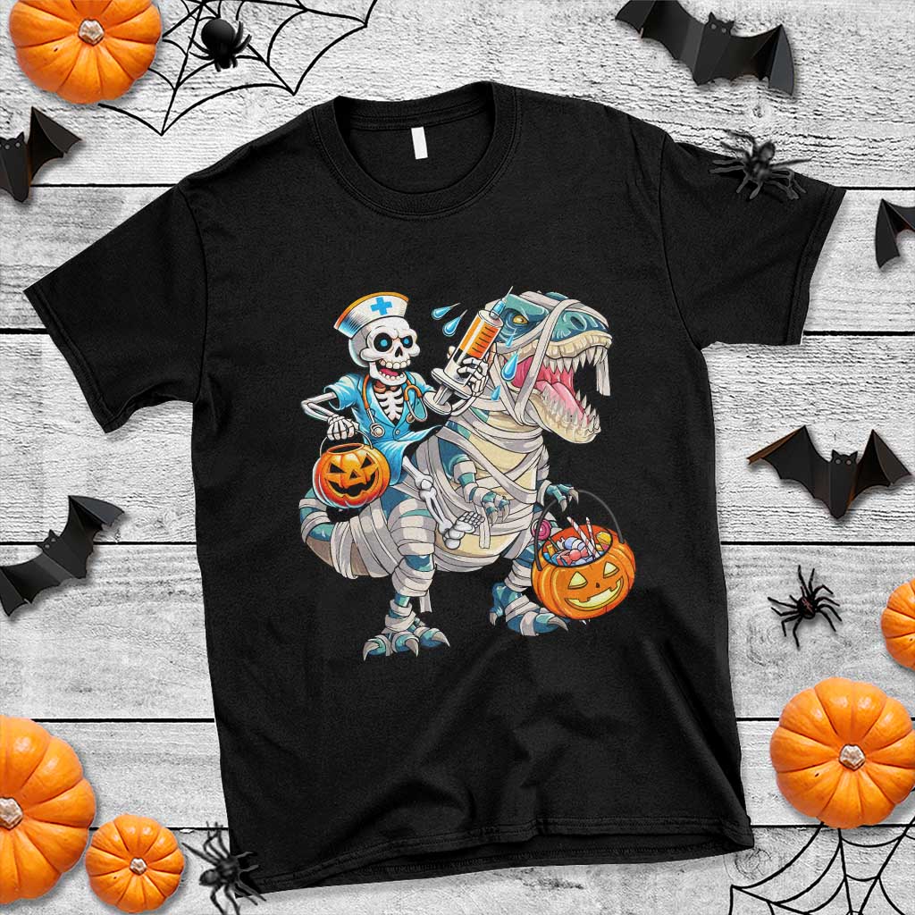 Funny Halloween Nurse T Shirt Skeleton Nurse Riding Mummy Dinosaur Pumpkin Candy - Wonder Print Shop