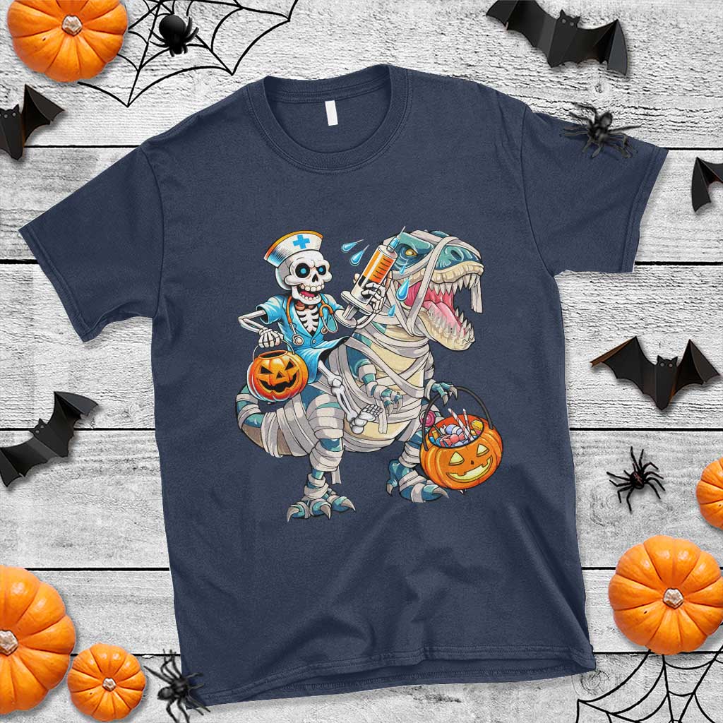 Funny Halloween Nurse T Shirt Skeleton Nurse Riding Mummy Dinosaur Pumpkin Candy - Wonder Print Shop