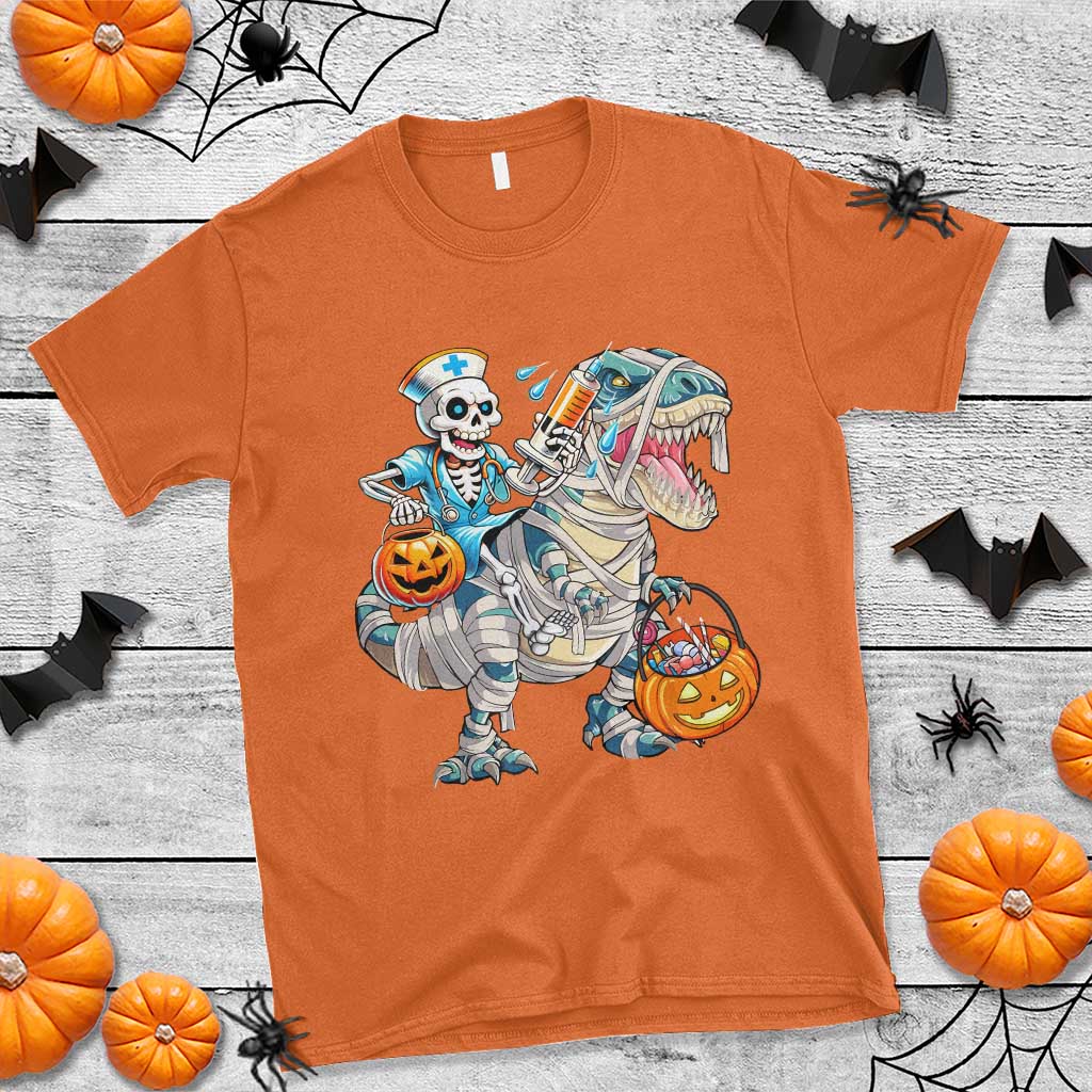 Funny Halloween Nurse T Shirt Skeleton Nurse Riding Mummy Dinosaur Pumpkin Candy - Wonder Print Shop