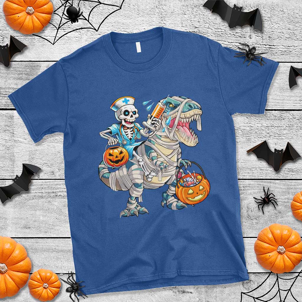Funny Halloween Nurse T Shirt Skeleton Nurse Riding Mummy Dinosaur Pumpkin Candy - Wonder Print Shop